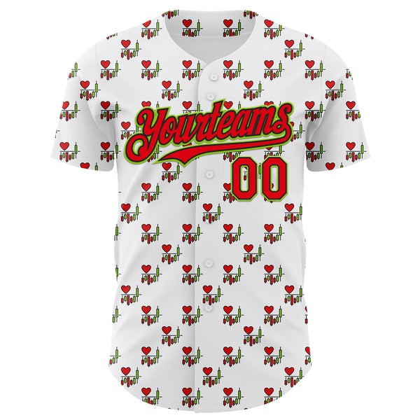 Custom White Fire Red Black-Neon Green Valentine's Day Love Heart Authentic Baseball Jersey