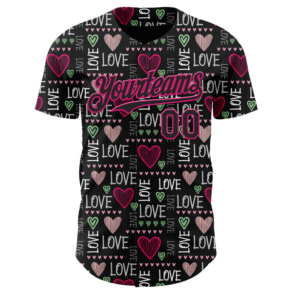 Custom Black Hot Pink Valentine's Day Love Heart Authentic Baseball Jersey