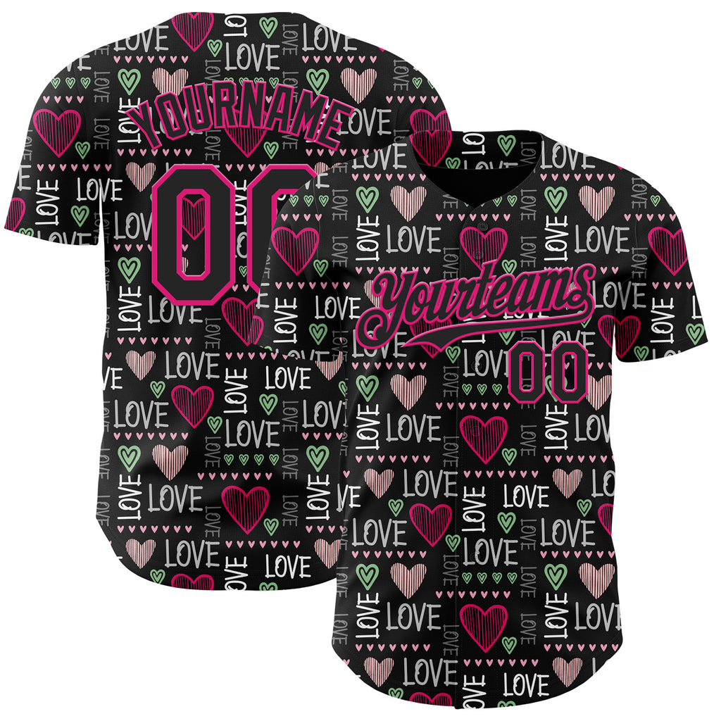 Custom Black Hot Pink Valentine's Day Love Heart Authentic Baseball Jersey