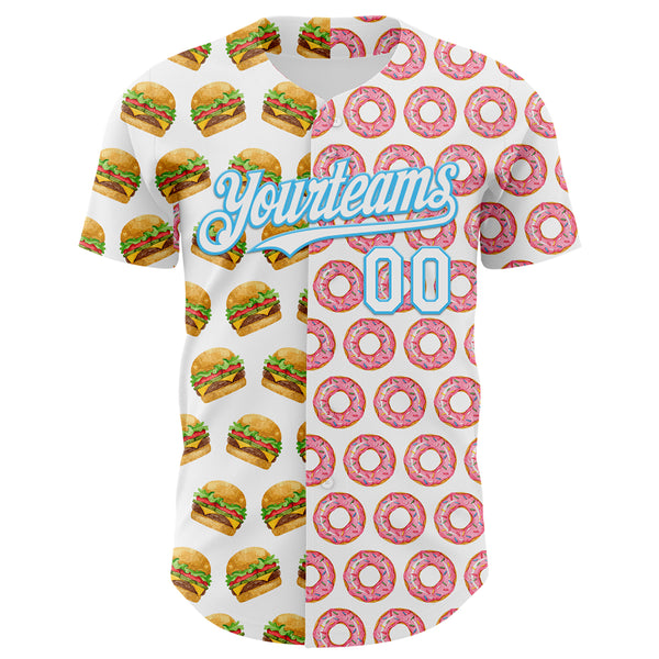 Custom White Sky Blue Valentine's Day Donut Meets Hamburger Authentic Baseball Jersey