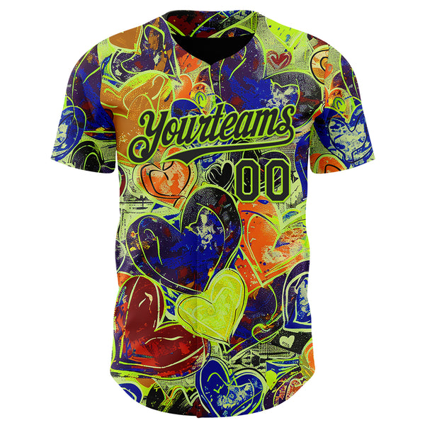Custom Black Neon Green Valentine's Day Love Heart Authentic Baseball Jersey