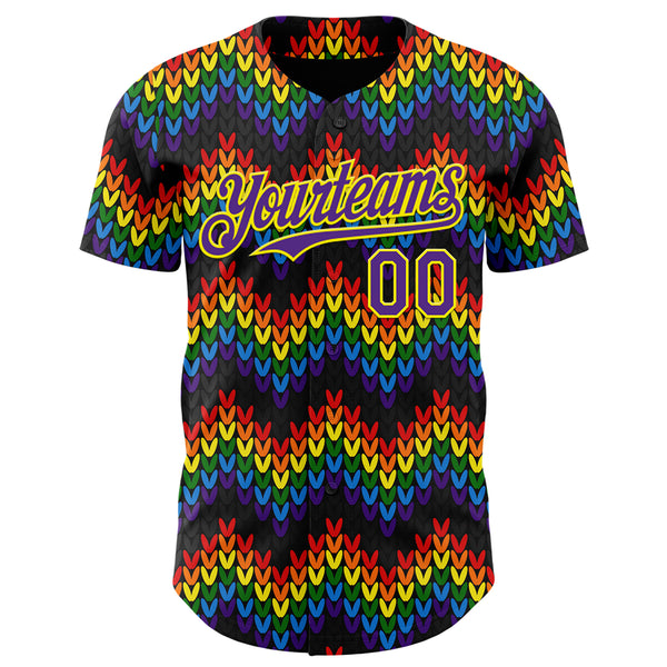 Custom Black Purple-Light Yellow Valentine's Day Love Heart Pride Month Love Is Love Authentic Baseball Jersey