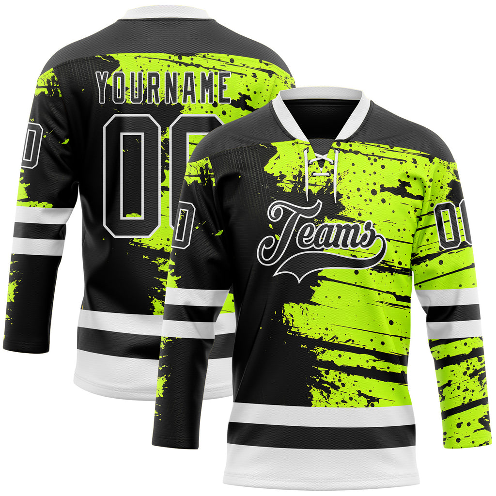 Custom Black Green-White 3D Pattern Abstract Splatter Paint Hockey Lace Neck Jersey