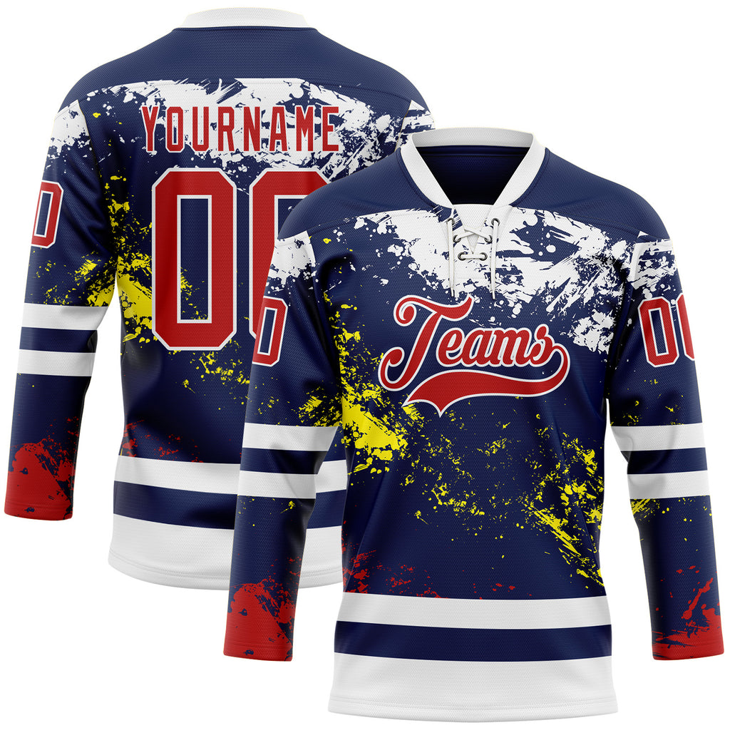 Custom Navy Red Yellow-White 3D Pattern Abstract Splatter Paint Hockey Lace Neck Jersey