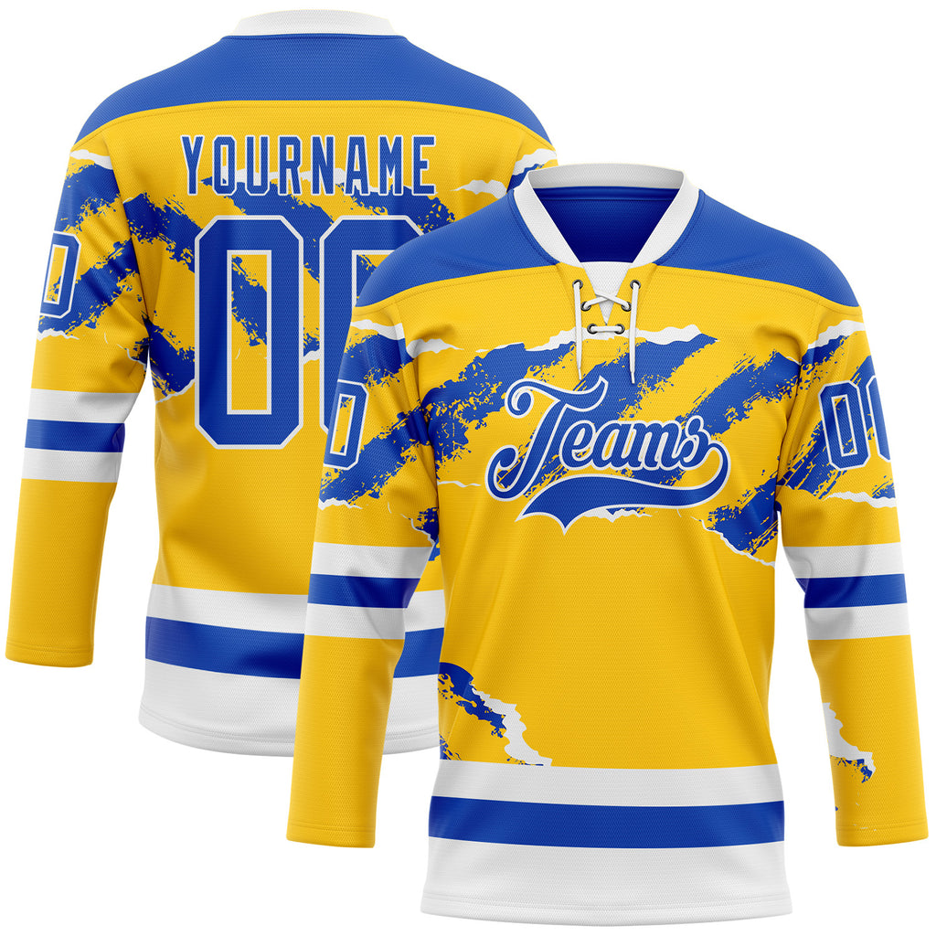 Custom Yellow Thunder Blue-White 3D Pattern Abstract Splatter Paint Torn Paper Style Hockey Lace Neck Jersey
