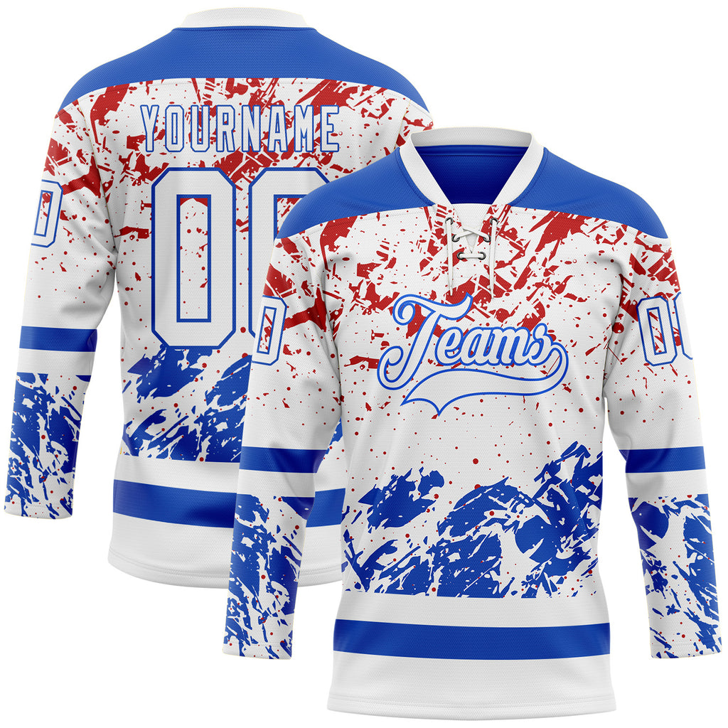 Custom White Thunder Blue-Red 3D Pattern Abstract Splatter Paint Hockey Lace Neck Jersey