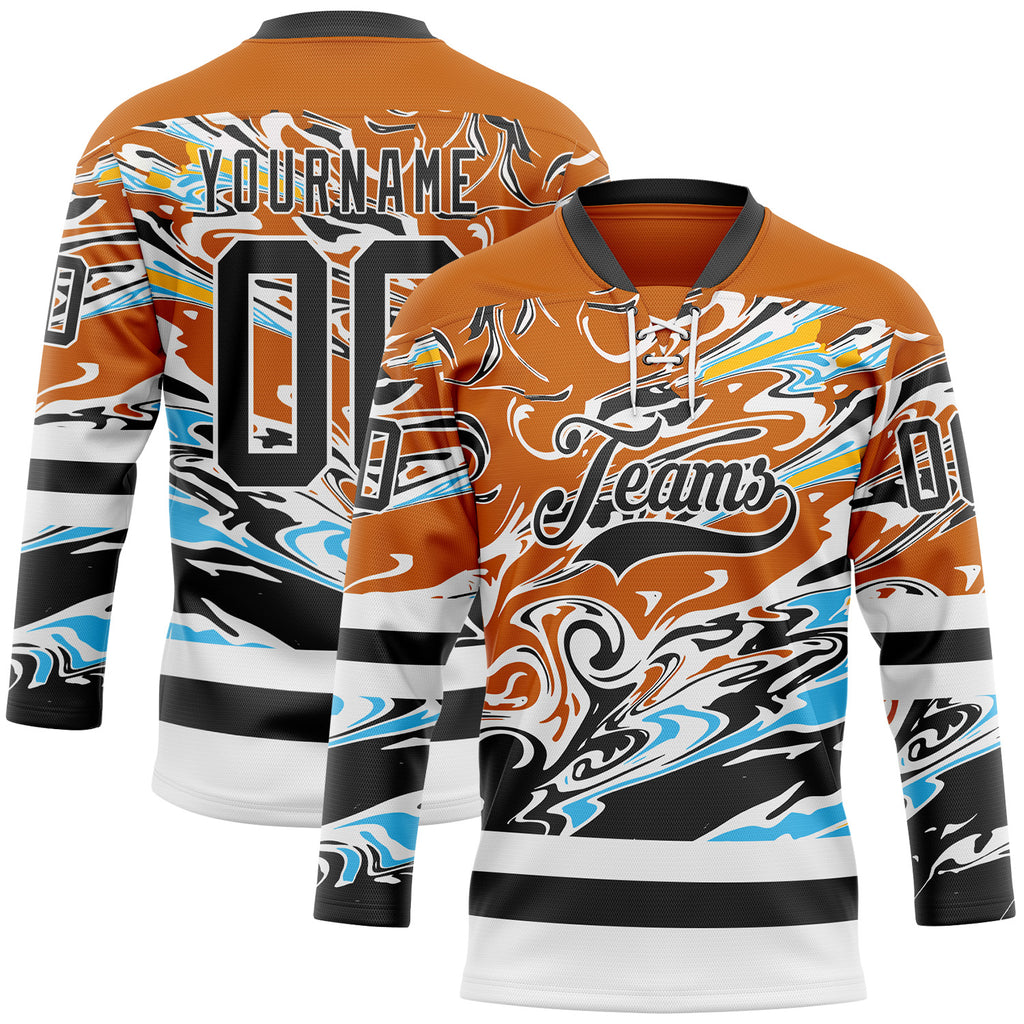 Custom Texas Orange Black Blue Yellow-White 3D Pattern Abstract Splatter Paint Hockey Lace Neck Jersey