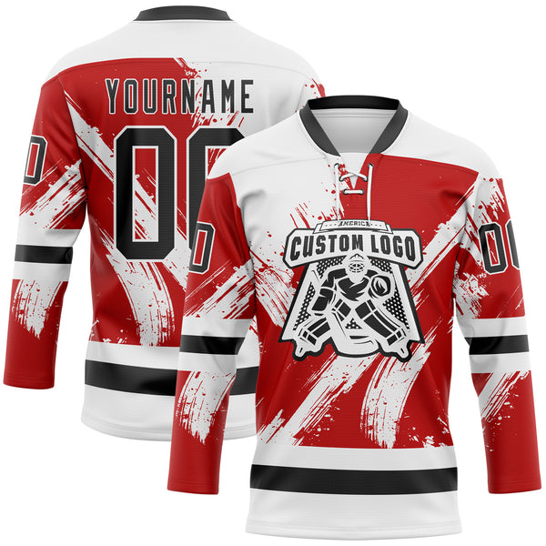 Custom White Black-Red 3D Pattern Abstract Splatter Paint Hockey Lace Neck Jersey