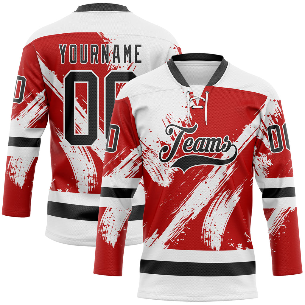 Custom White Black-Red 3D Pattern Abstract Splatter Paint Hockey Lace Neck Jersey