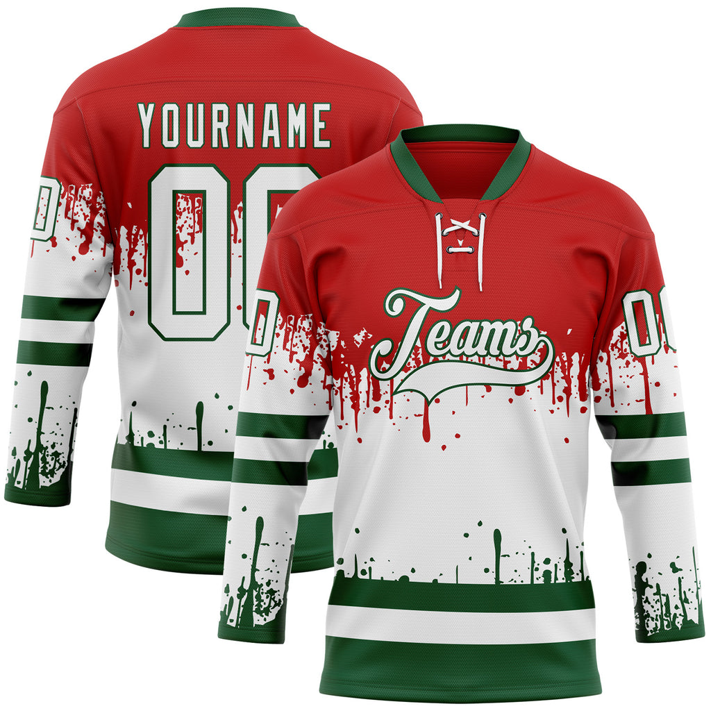 Custom Red White-Green 3D Pattern Abstract Splatter Paint Mexico Christmas Hockey Lace Neck Jersey