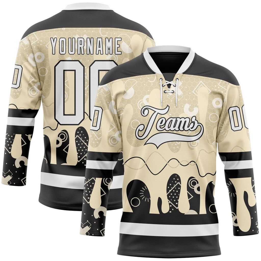 Custom City Cream White-Black 3D Pattern Abstract Splatter Paint Hockey Lace Neck Jersey
