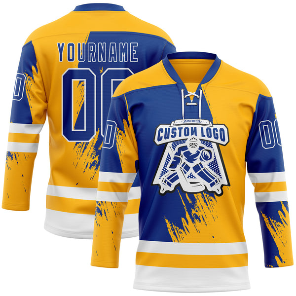 Custom Gold Royal-White 3D Pattern Abstract Splatter Paint Hockey Lace Neck Jersey