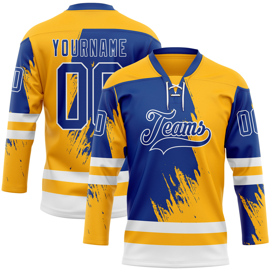 Custom Gold Royal-White 3D Pattern Abstract Splatter Paint Hockey Lace Neck Jersey