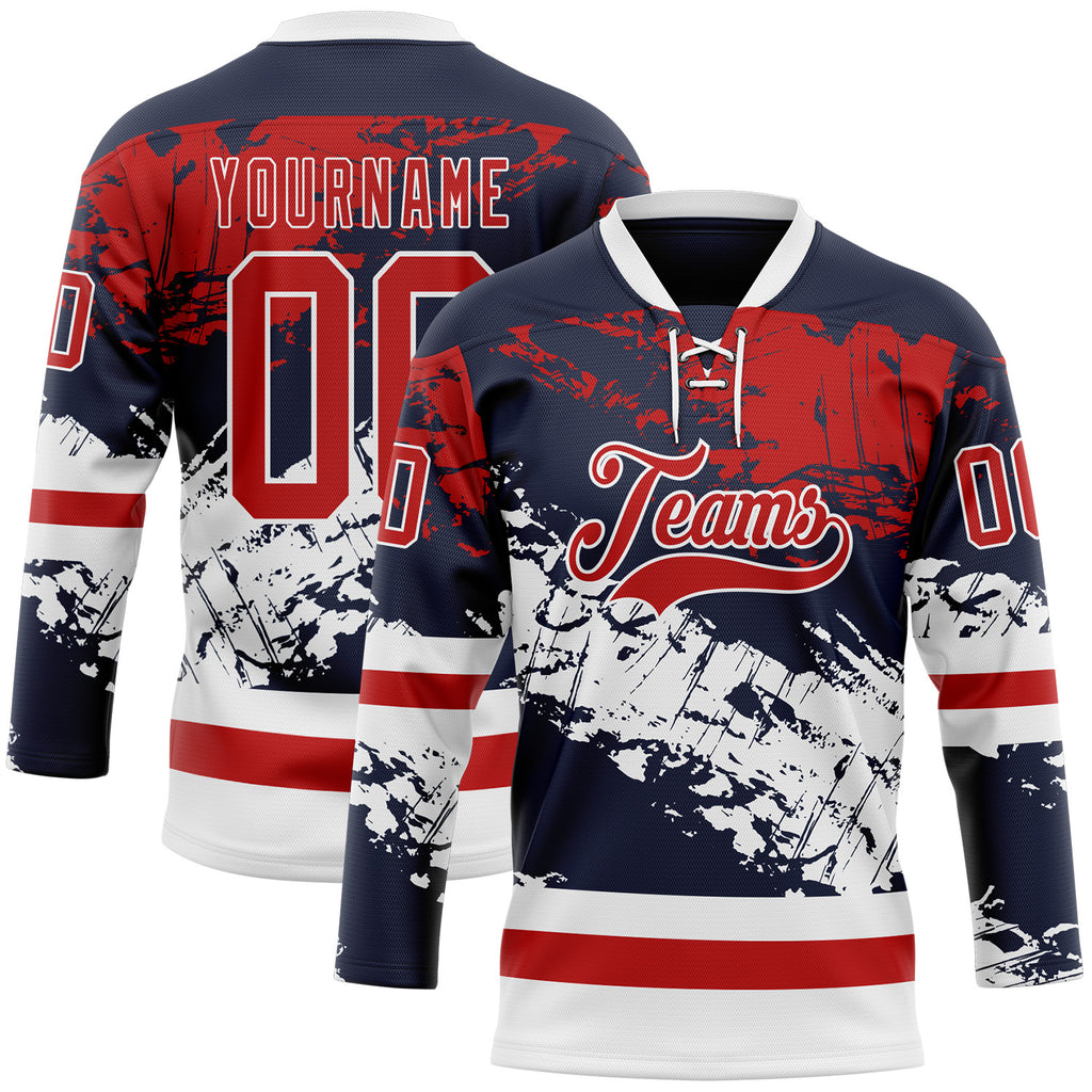 Custom Navy Red-White 3D Pattern Abstract Splatter Paint Hockey Lace Neck Jersey