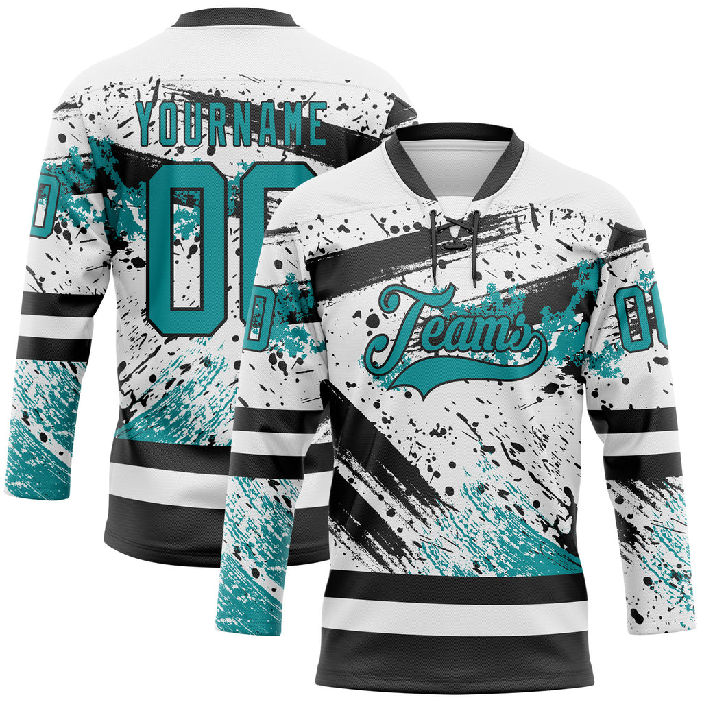 Custom White Teal-Black 3D Pattern Abstract Splatter Paint Hockey Lace Neck Jersey