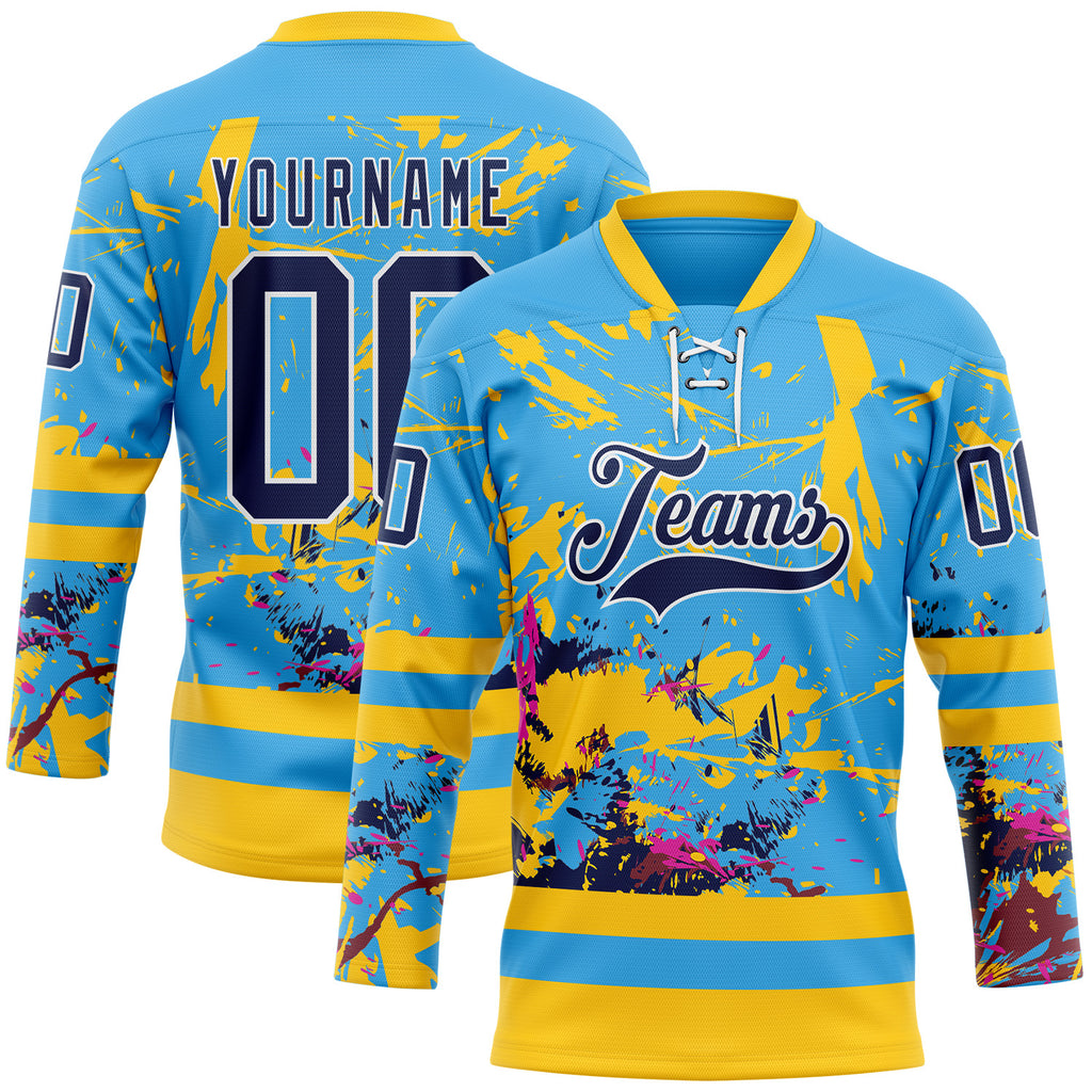 Custom Sky Blue Navy Yellow Red-White 3D Pattern Abstract Splatter Paint Hockey Lace Neck Jersey
