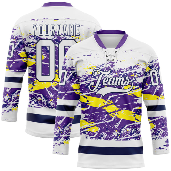 Custom White Purple Yellow-Navy 3D Pattern Abstract Splatter Paint Grunge Hockey Lace Neck Jersey