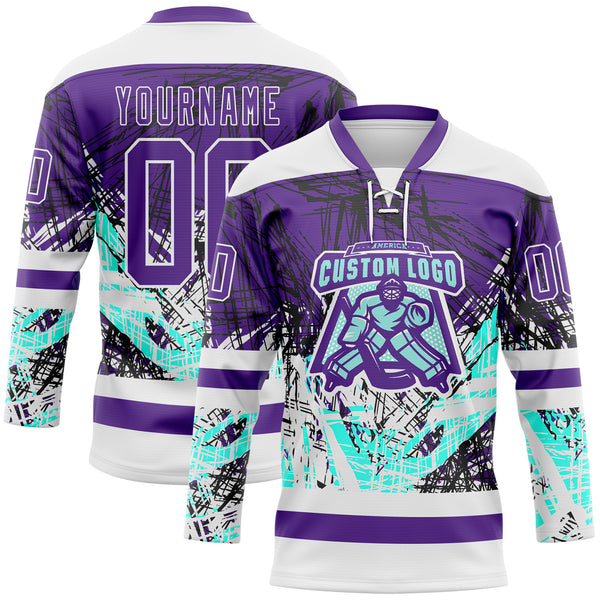 Custom Purple Green-White 3D Pattern Abstract Splatter Paint Grunge Hockey Lace Neck Jersey