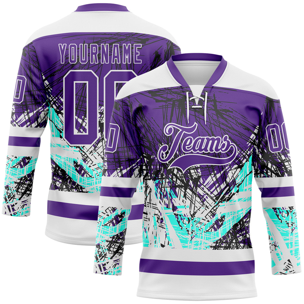 Custom Purple Green-White 3D Pattern Abstract Splatter Paint Grunge Hockey Lace Neck Jersey