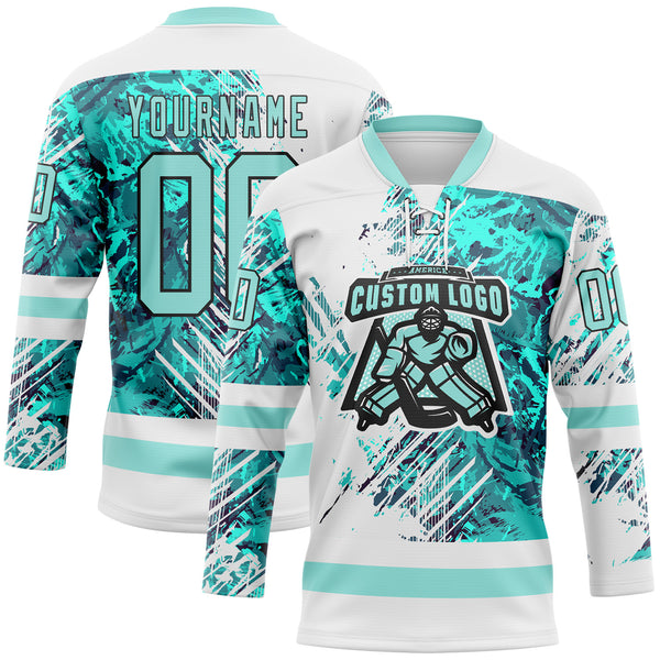 Custom White Ice Blue-Black 3D Pattern Abstract Splatter Paint Hockey Lace Neck Jersey
