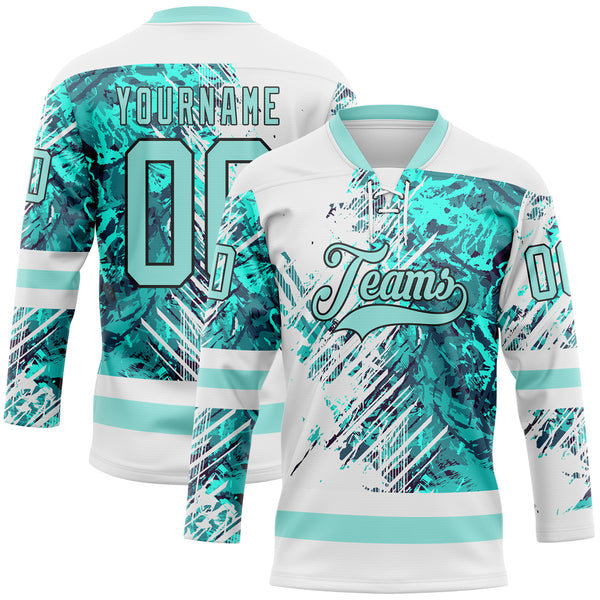 Custom White Ice Blue-Black 3D Pattern Abstract Splatter Paint Hockey Lace Neck Jersey