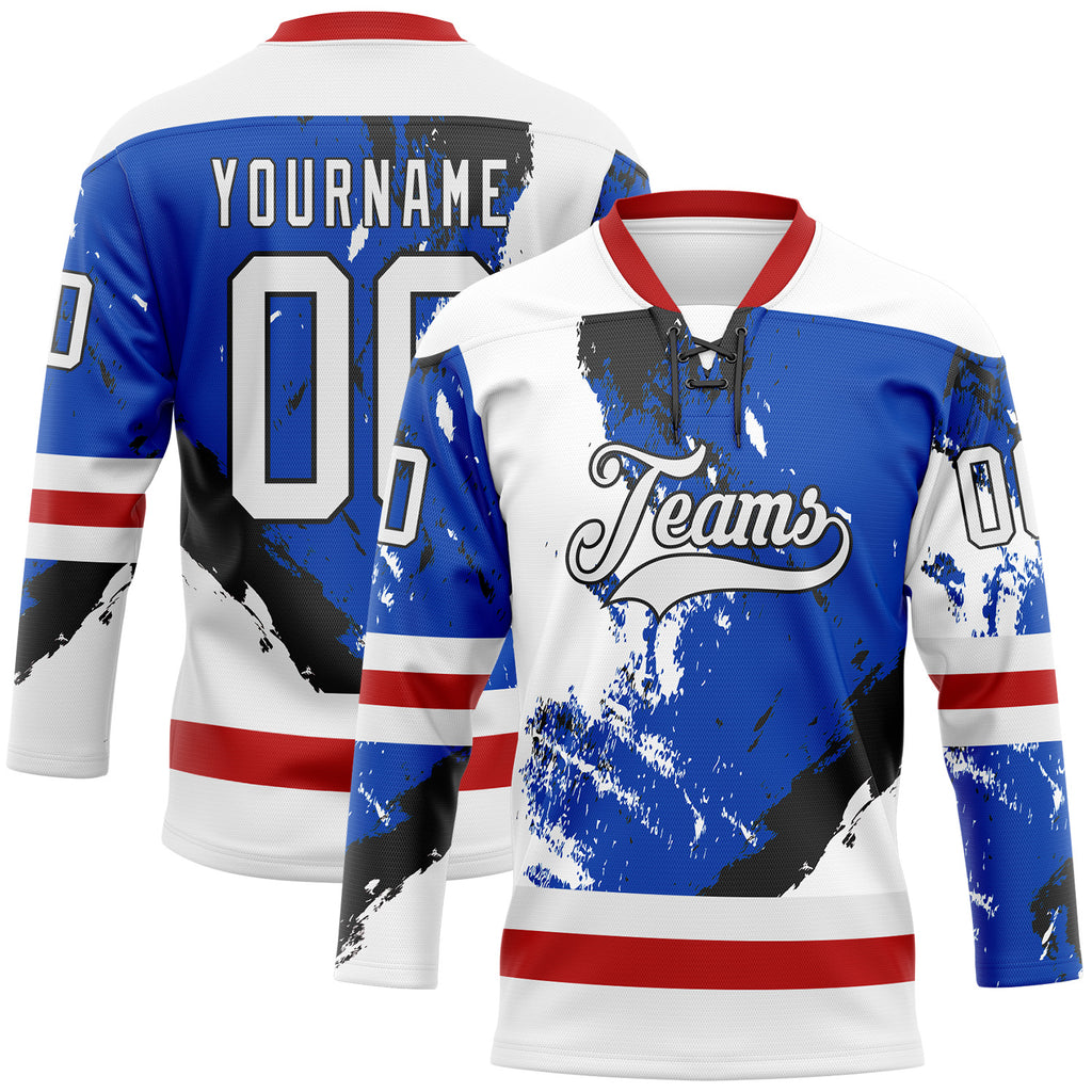Custom White Thunder Blue Red-Black 3D Pattern Abstract Splatter Paint Hockey Lace Neck Jersey