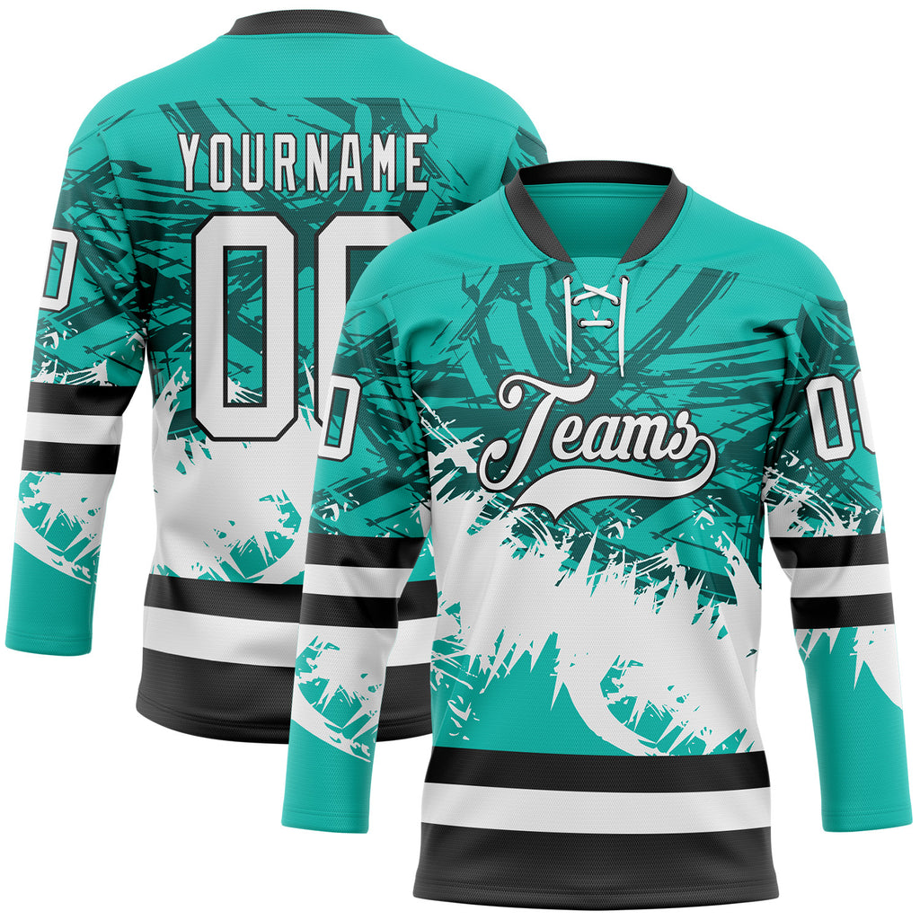 Custom Aqua White-Black 3D Pattern Abstract Splatter Paint Hockey Lace Neck Jersey