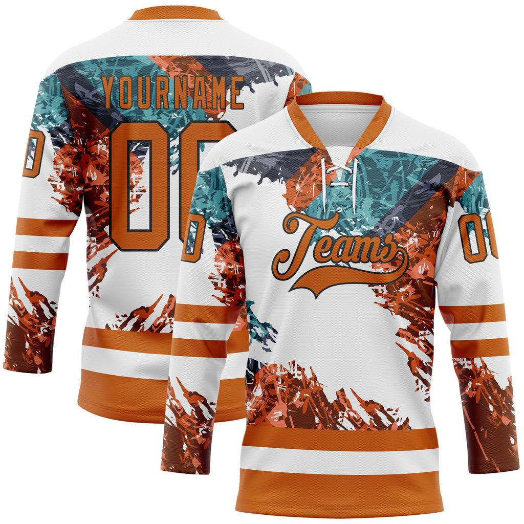 Custom White Texas Orange Green-Black 3D Pattern Abstract Splatter Paint Hockey Lace Neck Jersey