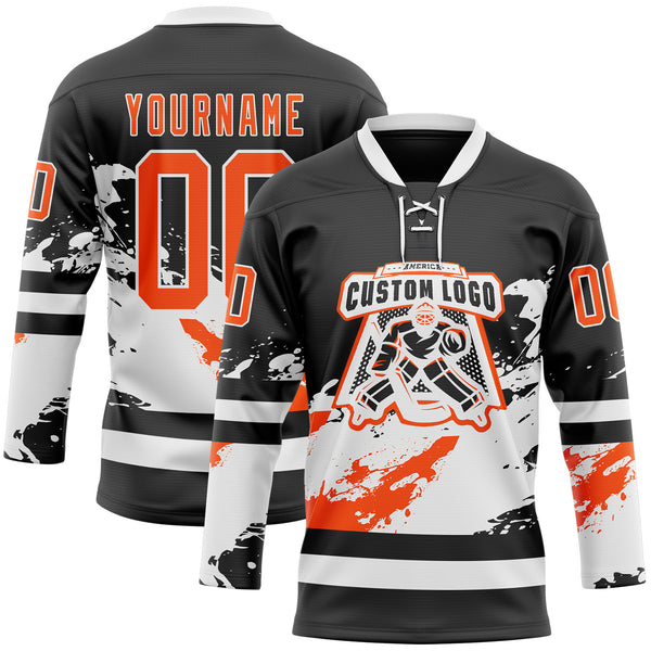 Custom Black Orange-White 3D Pattern Abstract Splatter Paint Hockey Lace Neck Jersey