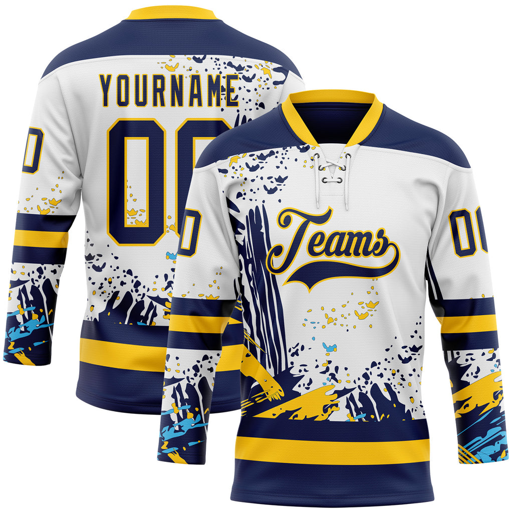 Custom White Navy-Yellow 3D Pattern Abstract Splatter Paint Hockey Lace Neck Jersey