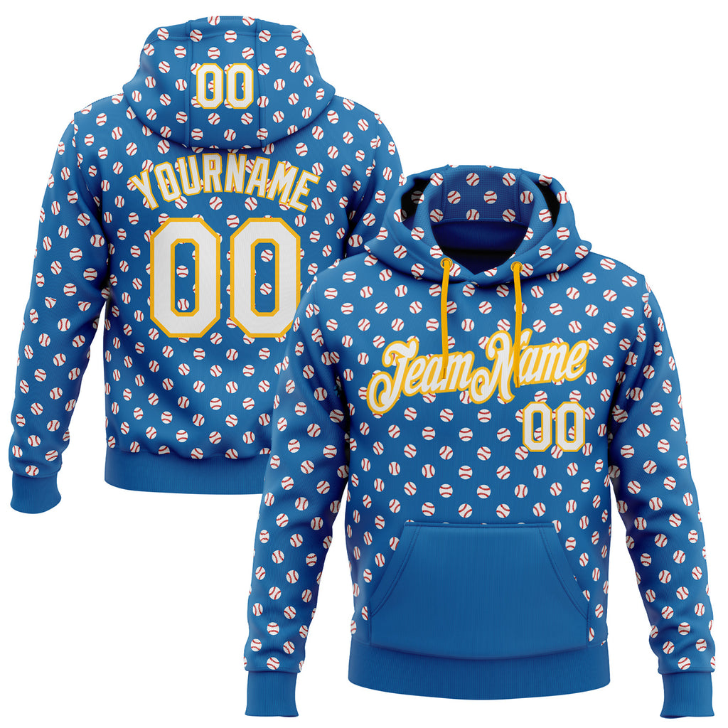 Custom Stitched Blue White-Gold 3D Pattern Design Baseball Game Day Los Angeles Inspired Sports Pullover Sweatshirt Hoodie
