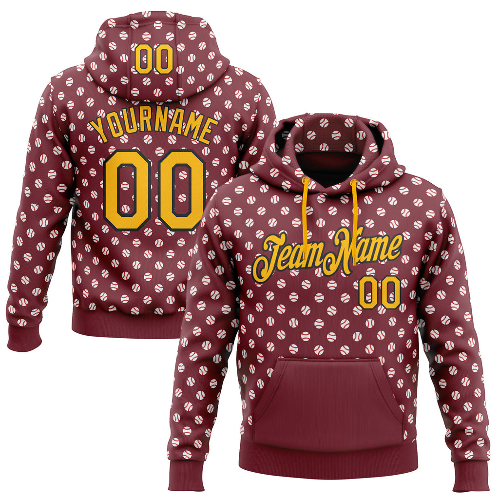 Custom Stitched Burgundy Gold-Black 3D Pattern Design Baseball Game Day Washington Inspired Sports Pullover Sweatshirt Hoodie