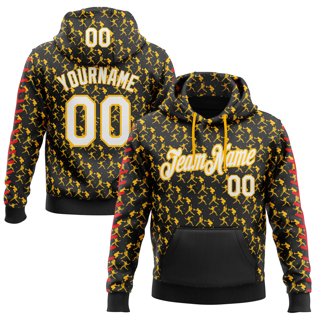 Custom Stitched Black White Gold-Red 3D Pattern Design Baseball Game Day Pittsburgh Inspired Sports Pullover Sweatshirt Hoodie