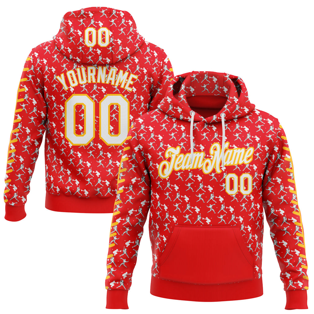 Custom Stitched Fire Red White-Gold 3D Pattern Design Baseball Game Day Kansas Inspired Sports Pullover Sweatshirt Hoodie