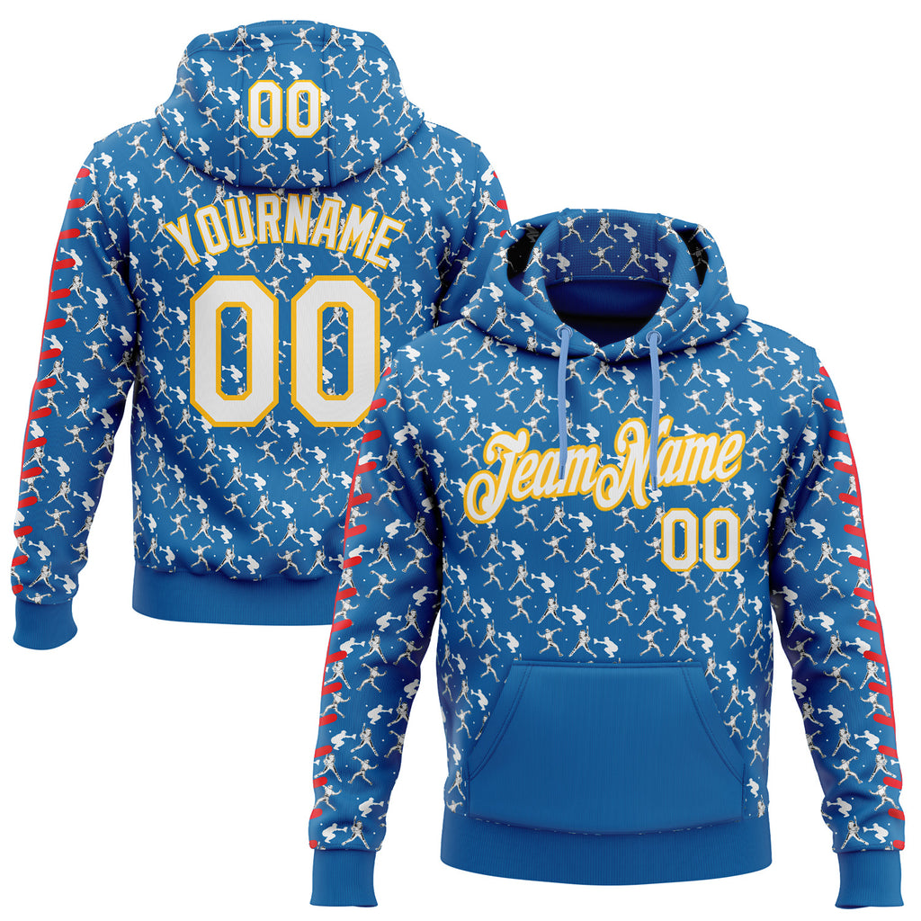 Custom Stitched Blue White Red-Gold 3D Pattern Design Baseball Game Day Los Angeles Inspired Sports Pullover Sweatshirt Hoodie