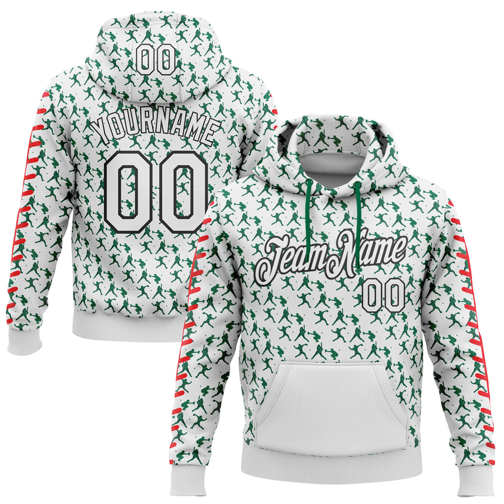 Custom Stitched White Kelly Green Red-Black 3D Pattern Design Baseball Game Day New York Inspired Sports Pullover Sweatshirt Hoodie