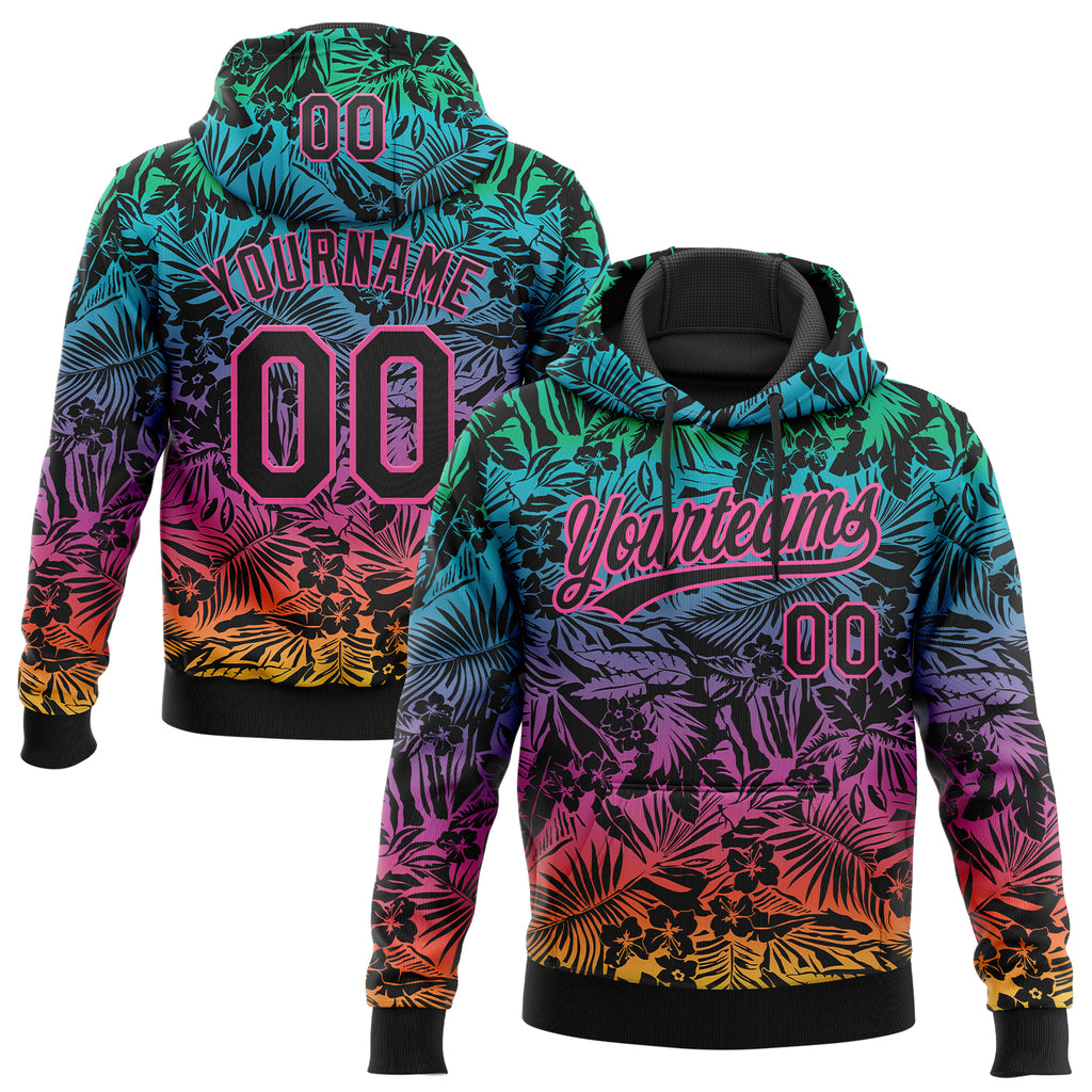 Custom Stitched Black Pink 3D Tropical Hawaii Palm Leaves Sports Pullover Sweatshirt Hoodie