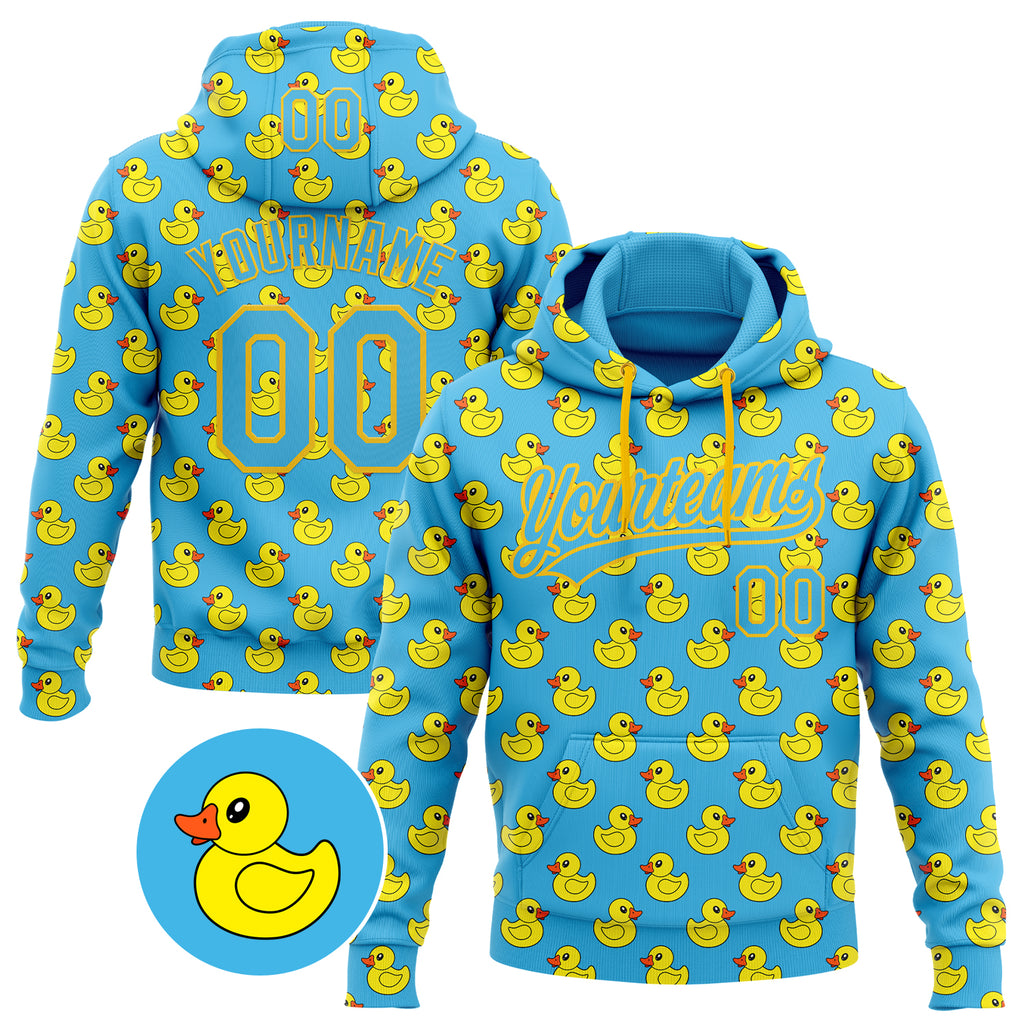 Custom Stitched Sky Blue Yellow 3D Pattern Design Animal Duck Sports Pullover Sweatshirt Hoodie