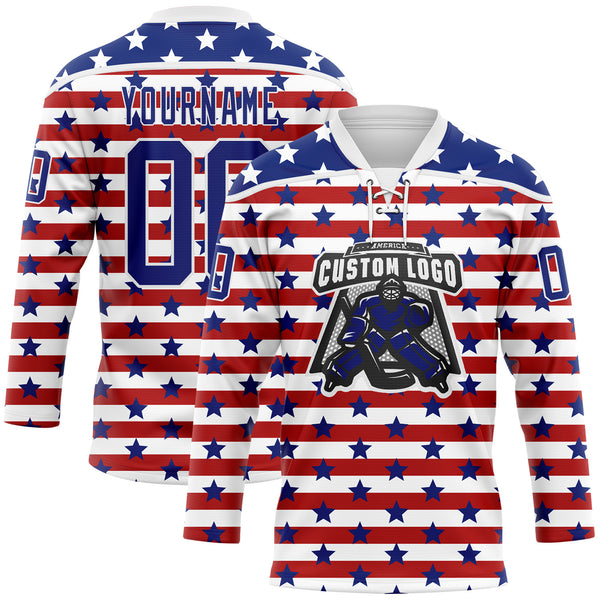 Custom White Royal-Red American Flag Hockey Lace Neck Jersey