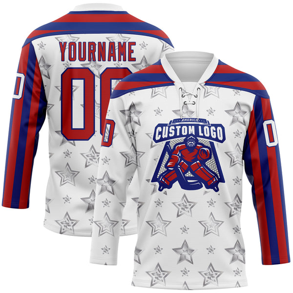 Custom White Red-Royal American Flag Hockey Lace Neck Jersey