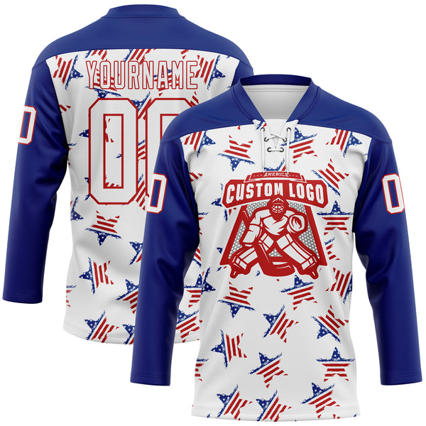 Custom White Royal-Red American Flag Hockey Lace Neck Jersey