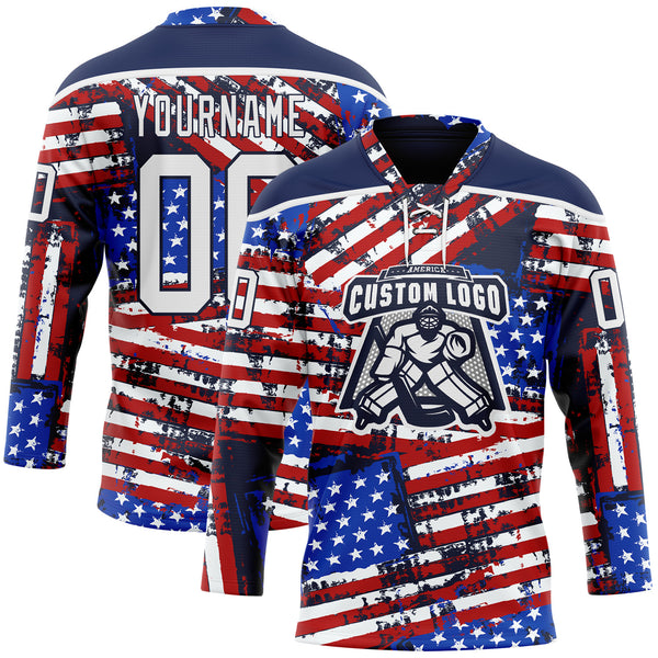 Custom Navy White Red-Royal American Flag Grunge Hockey Lace Neck Jersey