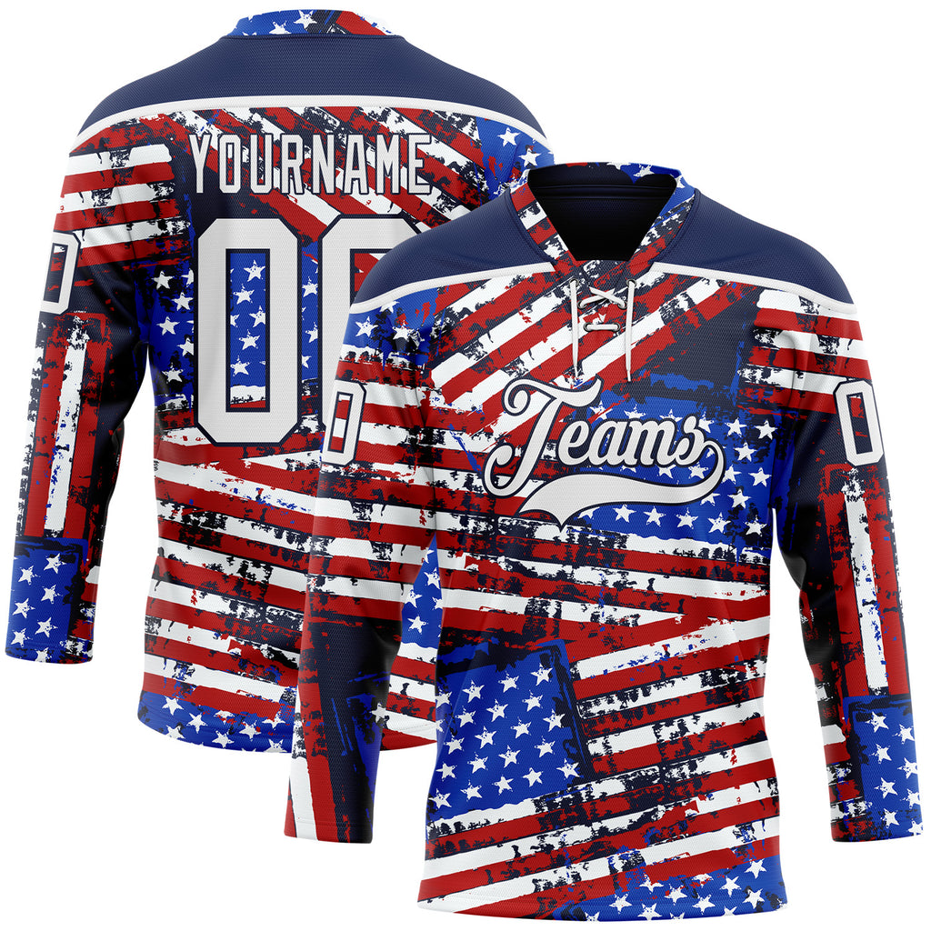 Custom Navy White Red-Royal American Flag Grunge Hockey Lace Neck Jersey