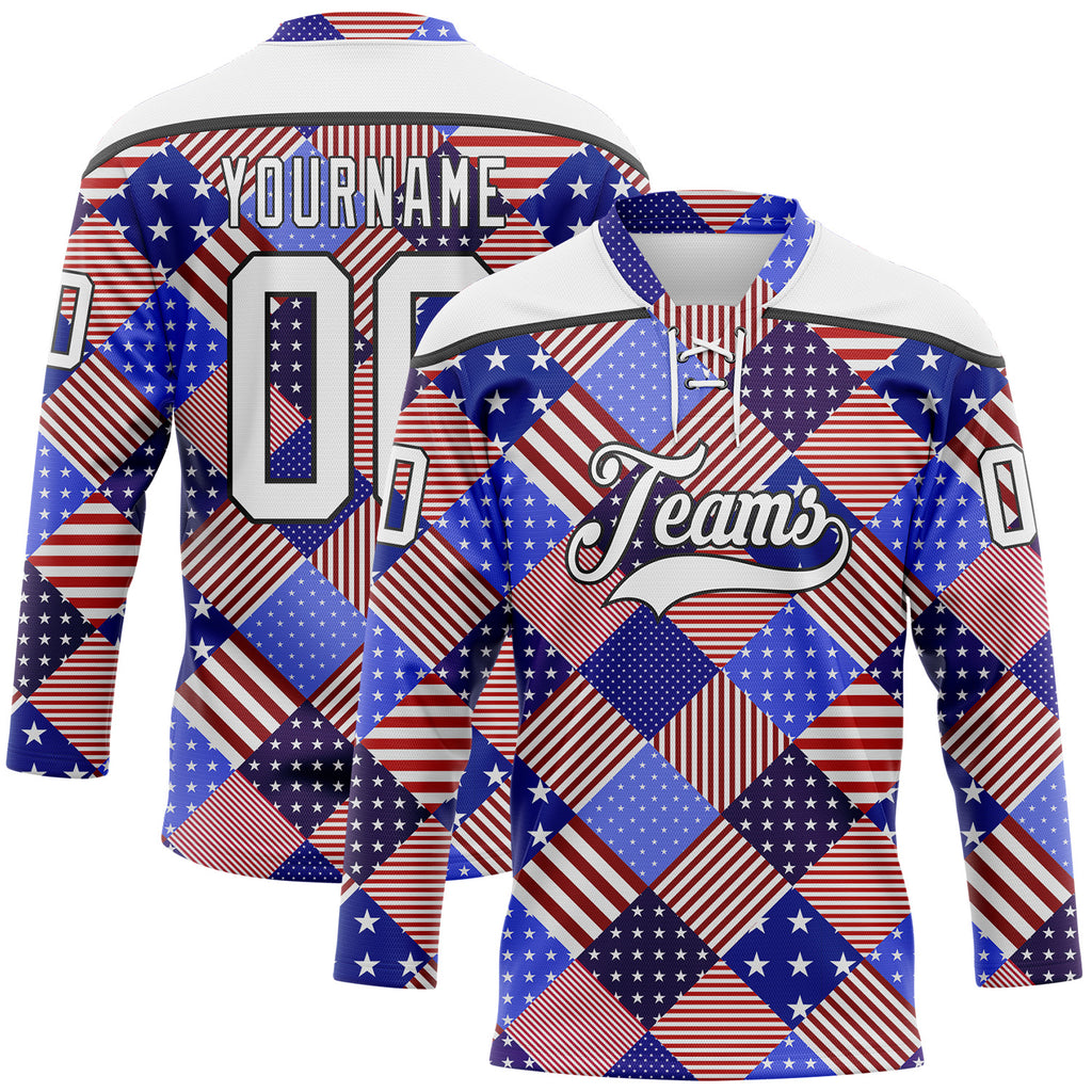Custom White Royal Red-Black American Flag Hockey Lace Neck Jersey