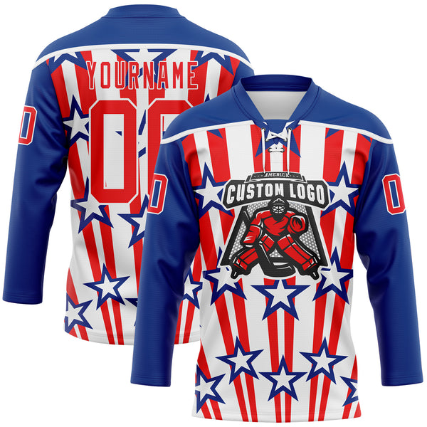 Custom Royal Fire Red-White American Flag Hockey Lace Neck Jersey
