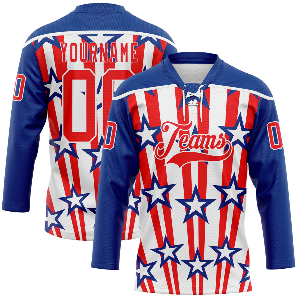 Custom Royal Fire Red-White American Flag Hockey Lace Neck Jersey