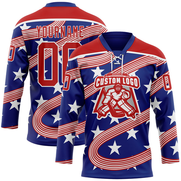 Custom Royal Red-White American Flag Hockey Lace Neck Jersey