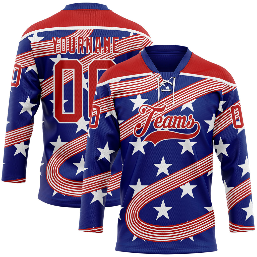 Custom Royal Red-White American Flag Hockey Lace Neck Jersey