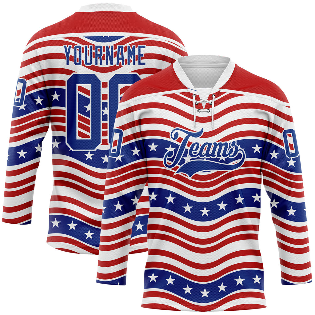 Custom White Royal-Red American Flag Hockey Lace Neck Jersey