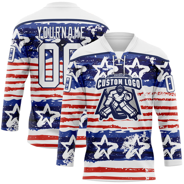 Custom White Red-Navy American Flag Painted Hockey Lace Neck Jersey